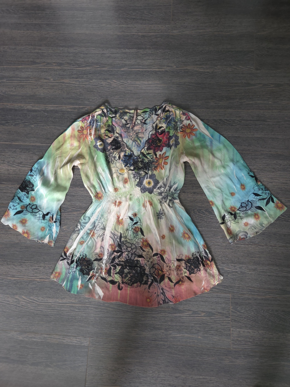 Boho V-Neck Floral Tie-Dye Tunic Top - Multicolor